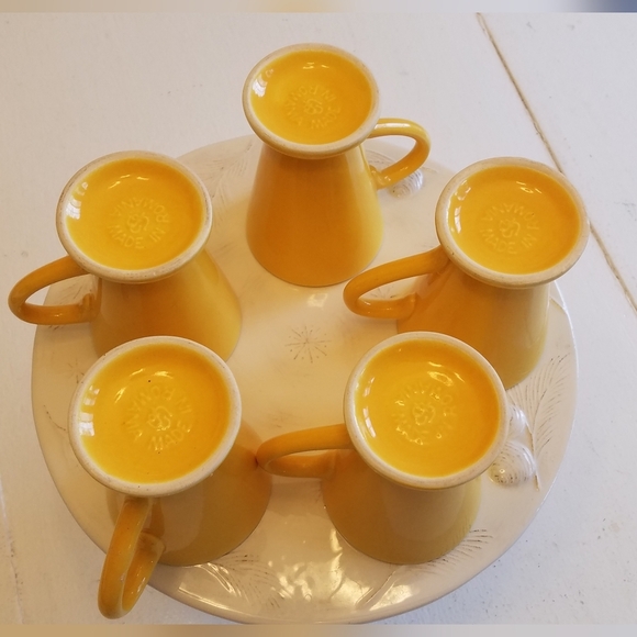 Set of 5 Made in Romania Yellow Glazed Mugs Coffee Tea Cups Conical Feet Retro - Picture 8 of 11